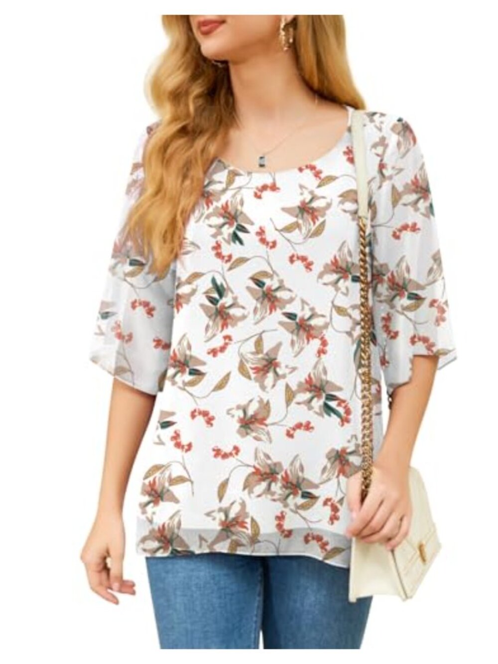 Women Casual Chiffon Blouse Scoop Neck 3/4 Ruffle Sleeve Loose Fit Top